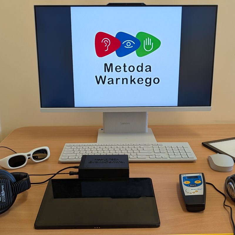 Stanowisko metody Warnkego ze słuchawkami, tabletem i urządzeniem treningowym